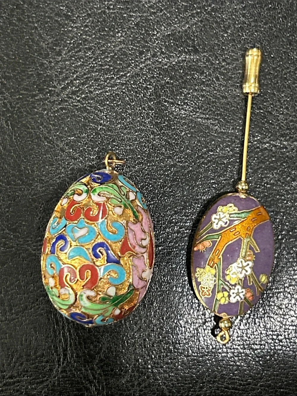 Vintage Chinese Cloisonné Egg Pendant & Purple Floral Stick Pin Set